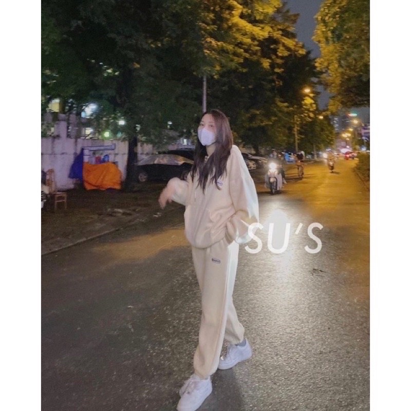 Set hoodie kèm quần jogger, set bộ nỉ bông tay bồng ấm áp thêu logo trên ngực Nhungkudo