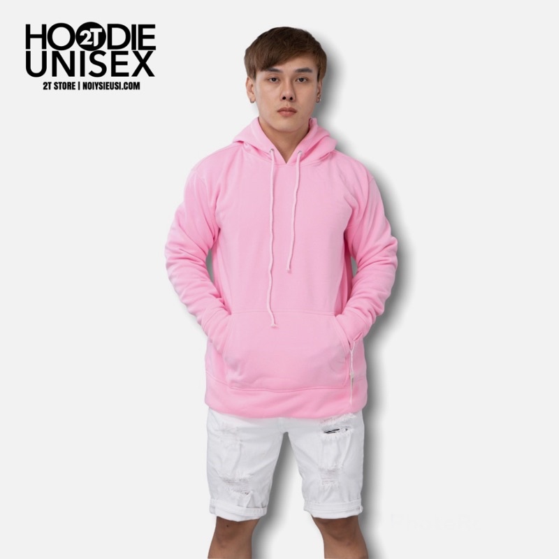 Áo hoodie unisex 2T Store H14 màu hồng phấn - Áo khoác nỉ bông chui đầu nón 2 lớp dày dặn đẹp chất lượng