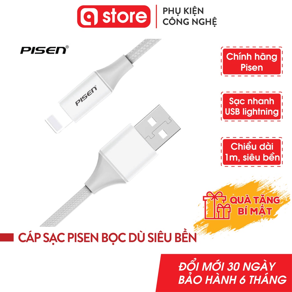 Cáp Sạc Nhanh Pisen Cho IPhone IPad 2.4A Dài 0.9m Bọc Dù Chống Đứt Gãy Giá Rẻ - BH 1 Năm