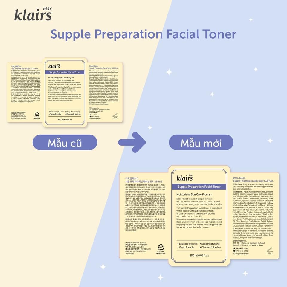 COMBO 2 Chai Nước Hoa Hồng Klairs Supple Preparation Facial Toner 180ml