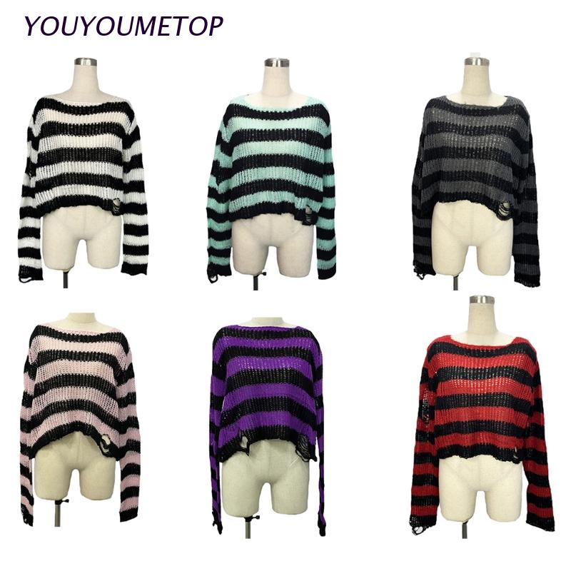 Áo sweater dệt kim cổ tròn tay dài họa tiết kẻ sọc phong cách Gothic punk Harajuku cho nữ