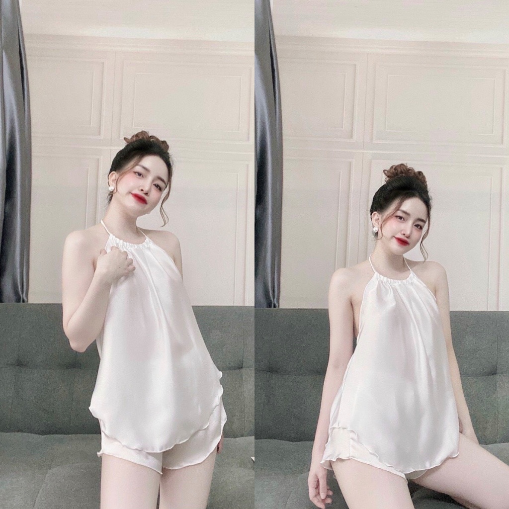 Đồ ngủ sexy đồ ngủ 2 dây cổ yếm hở lưng chất satin mịn xinh xắn freesize - linqu sleepwear