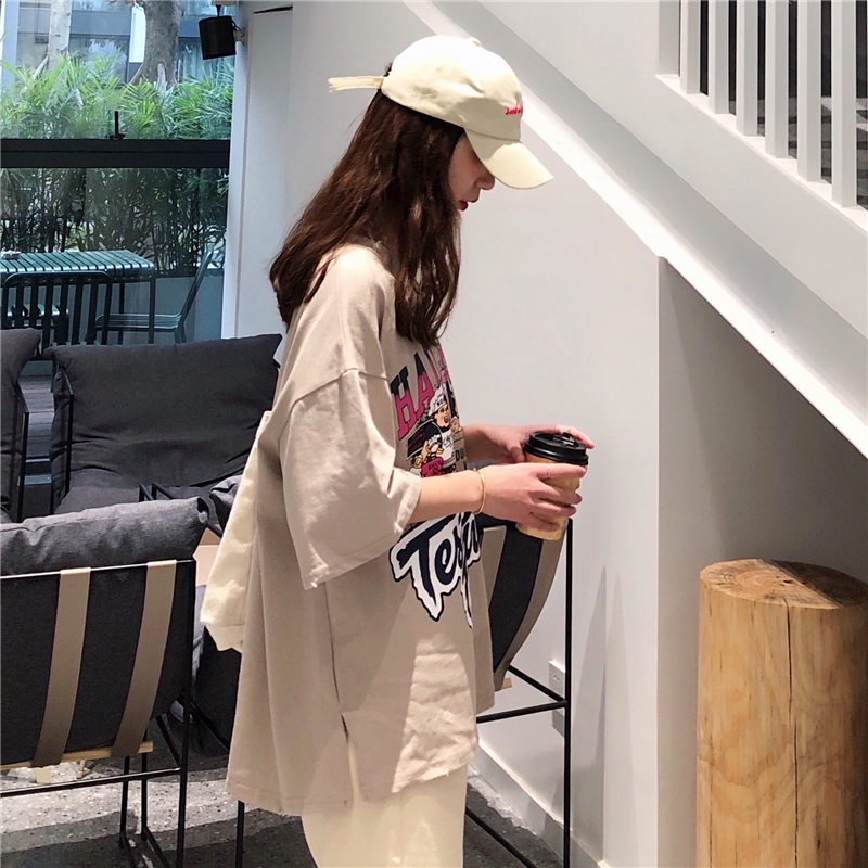 SUXI Áo thun tay ngắn cổ tròn hoạ tiết in phong cách Hàn Quốc