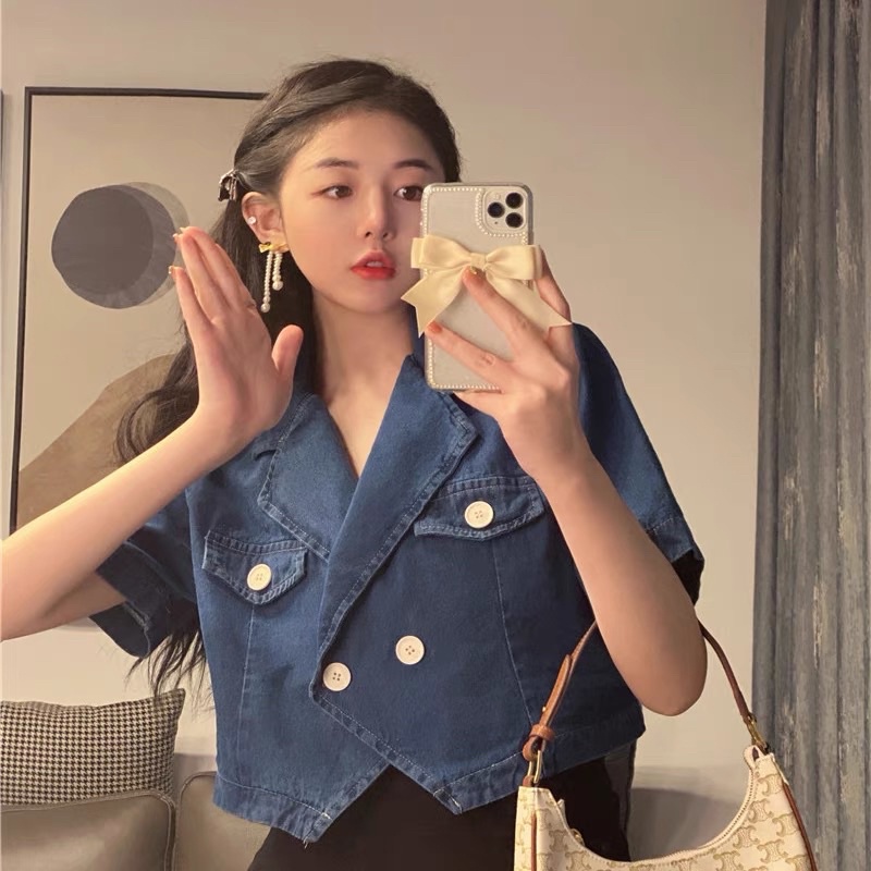Áo jeans bò tay cộc cổ vest dáng croptop - Áo kiểu xinh xắn ulzzang style (hàng quảng châu loại 1)