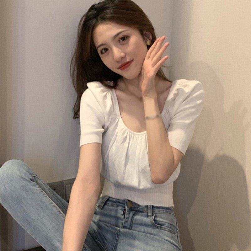 Áo Thun Nữ Ngắn Tay Cổ Vuông Thời Trang Hàn