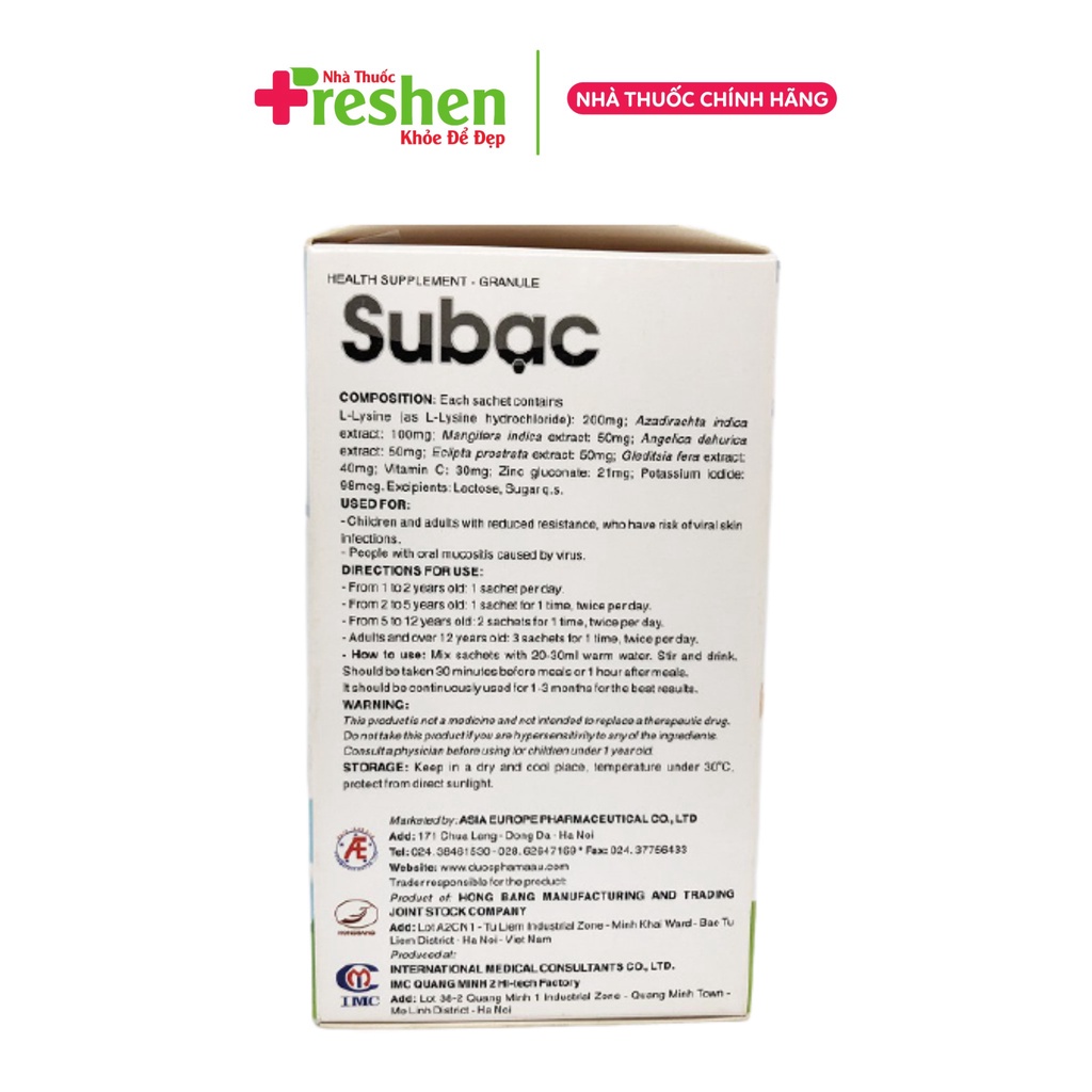 Cốm Su bạc - tăng cường sức đề kháng cho trẻ - Subac tăng miễn dịch cho bé từ lysine, cao lá xoài, vitamin C