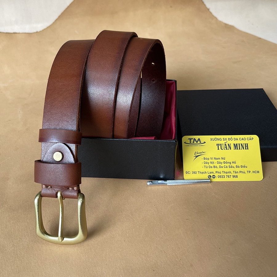 Thắt Lưng Nam Tuấn Minh TM844 Chất Liệu Da Bò Nguyên Tắm Khóa Đồng Cao Cấp Rộng 3.4Cm Hai Màu Đen Nâu Kèm Hộp Như Hình