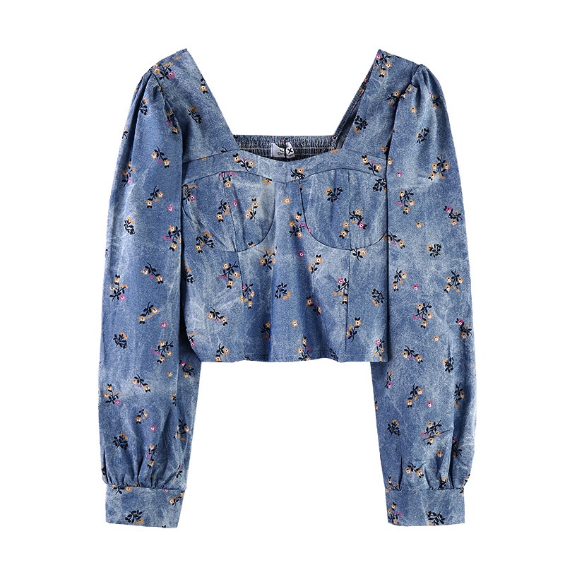 Áo kiểu Ielgy cổ vuông tay dài in họa tiết hoa màu xanh dương thời trang