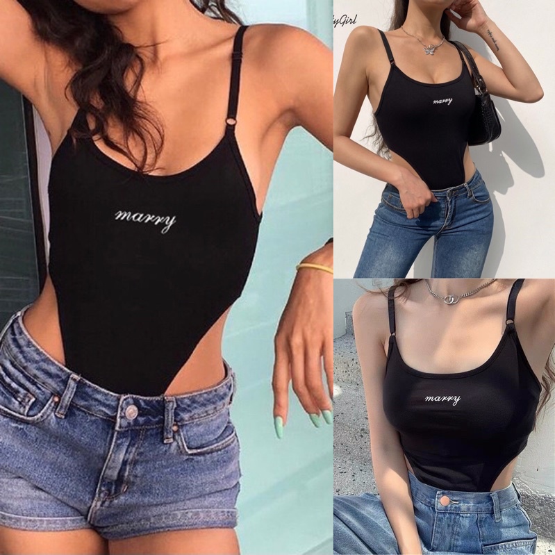 Áo boddysuit liền thân 2 dây  , Áo jumsuit thêu chữ MARRY ôm boddy khoét eo gợi cảm sexy hottrend cho nữ