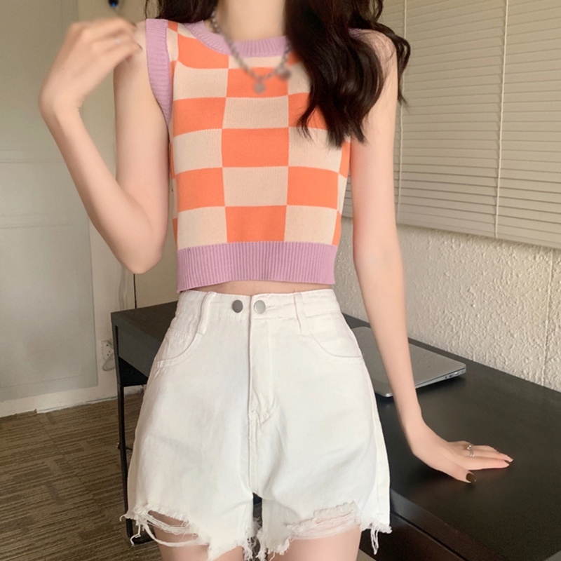 Áo Croptop Dệt Kim Không Tay Dáng Rộng Màu Sắc Thời Trang Cho Nữ