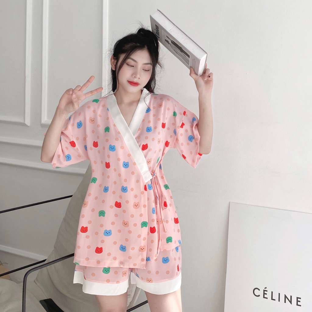 Bộ Kimono Nữ Họa Tiết Cộc Tay 🦋 Set Ngủ Nữ Ngắn Tay Dây Buộc Eo 4 Màu 🦋
