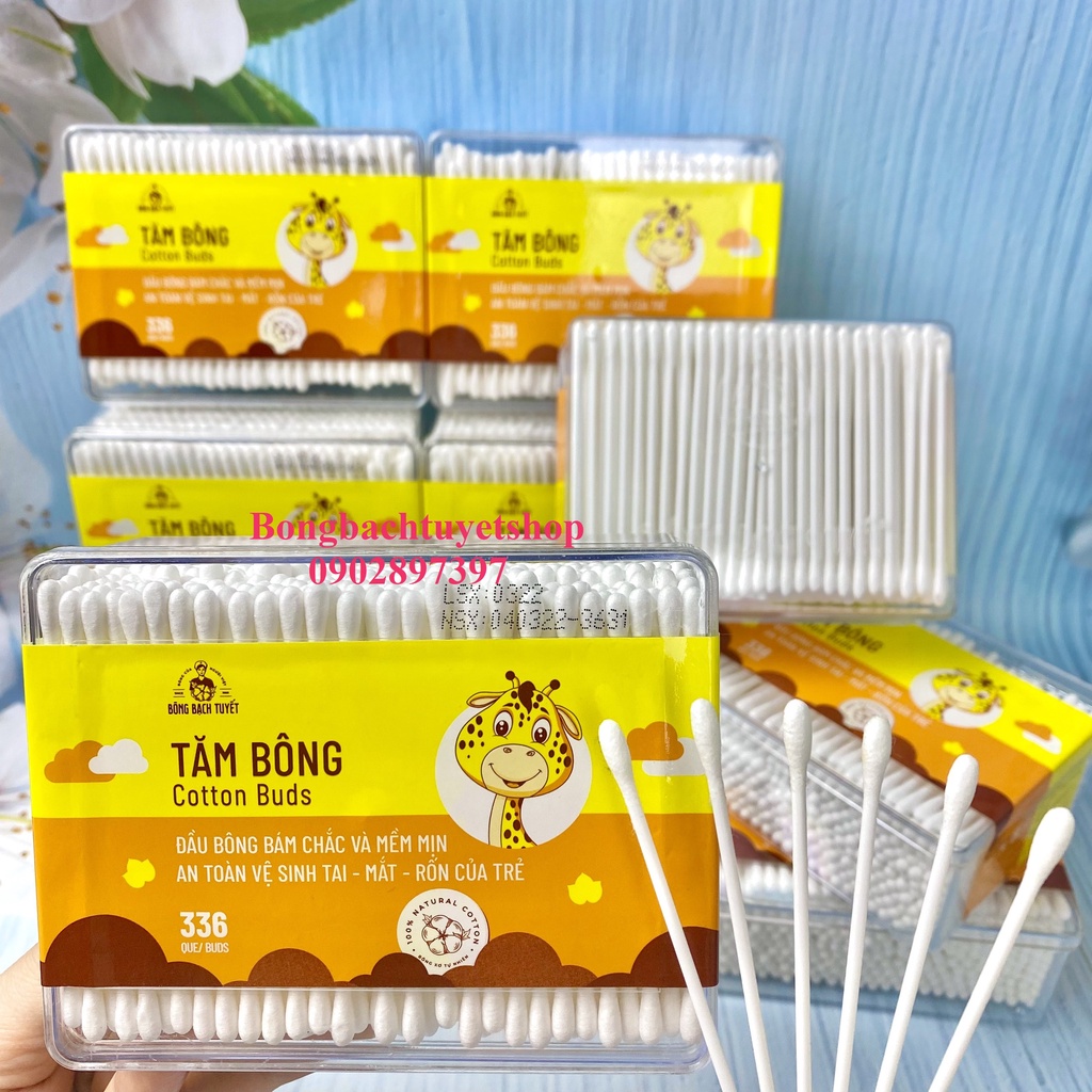 Tăm Bông Kotton Care For Kid đầu nhỏ HỘP CHỮ NHẬT 336 Que Bông Bạch Tuyết