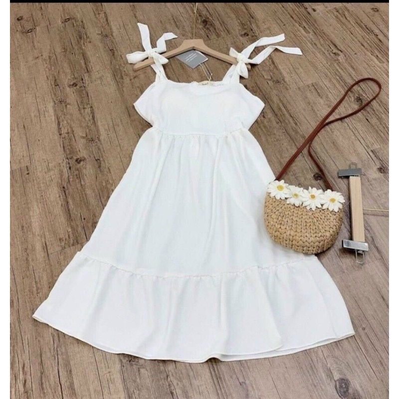 Đầm nữ cột nơ ở Vai Cực Xinh, Váy Trắng 2 Dây nữ Loại 1 Đầm Trắng Công Chúa Đi tiệc, Kỉ Yếu , Đi Biển Xinh Xắn