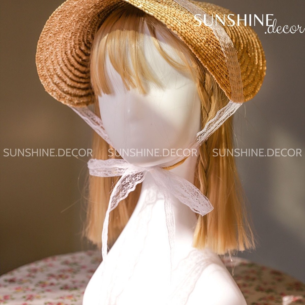 Mũ cói mũ rơm phong cách Lolita xinh xắn phụ kiện chụp ảnh du lịch, mũ đi biển dây ren