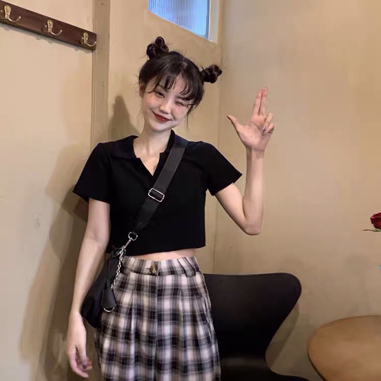 Áo croptop cổ bẻ tay ngắn kiểu cổ polo chất thun lạnh