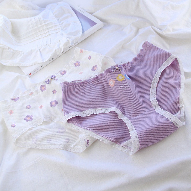Quần Lót Nữ Cotton len tăm viền nhún đính nơ nhỏ dễ thương mã A305
