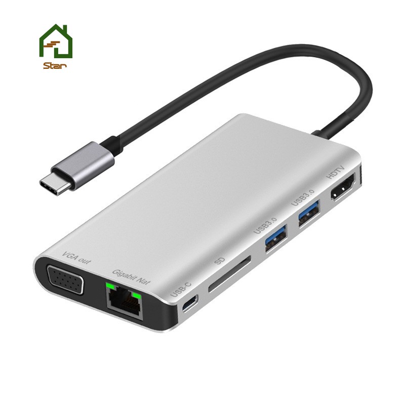 Bộ Chia Cổng Usb C Sang Rj45 Lan 4k Hdmi Vga 2usb 3.0 Sd Card Pd Audio 8 Trong 1