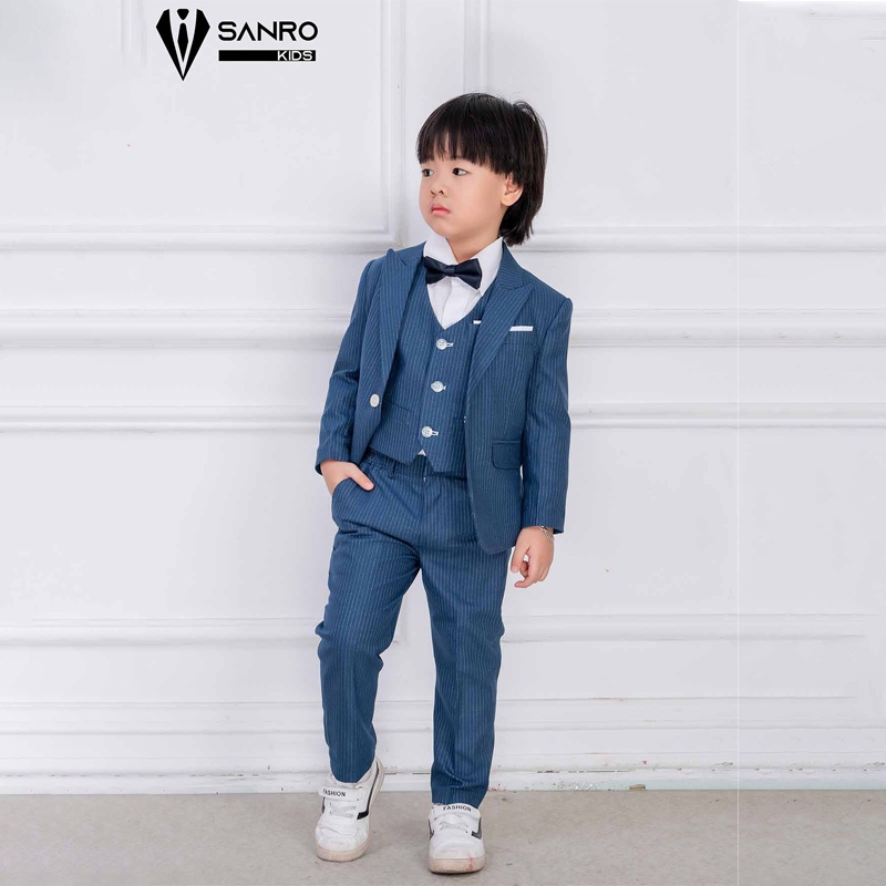 Bộ vest bé trai thiết kế màu xanh nhạt kẻ