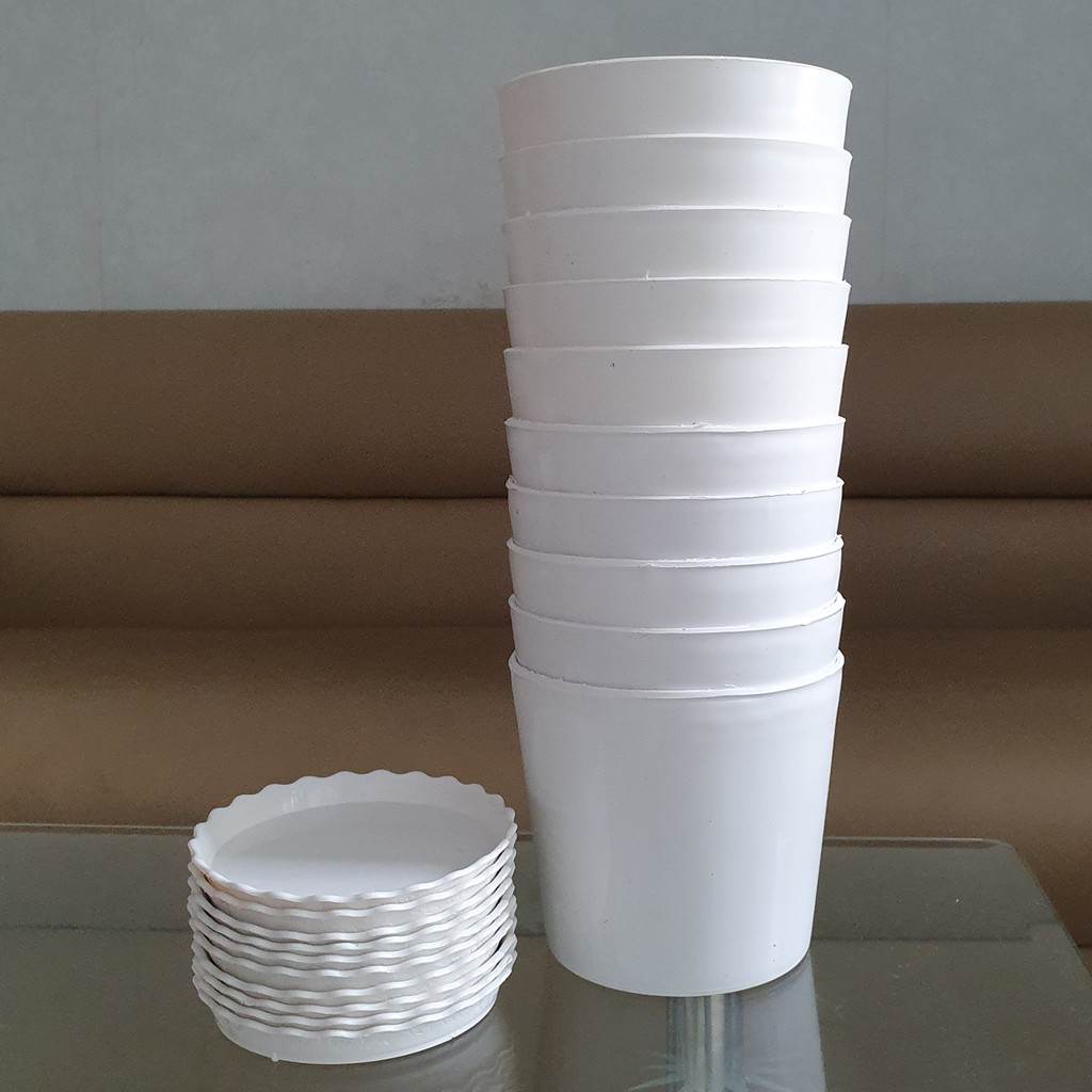 Combo 10 chậu hoa tròn trắng nhựa dày 14cm kèm 10 đĩa lót chậu