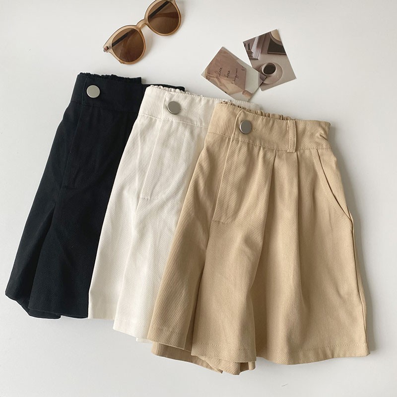 Quần Short nữ Ống rộng Màu trơn Lưng cao Form rộng Ulzzang Hàn Quốc Quần sooc nữ trơn Cạp cao Thời trang