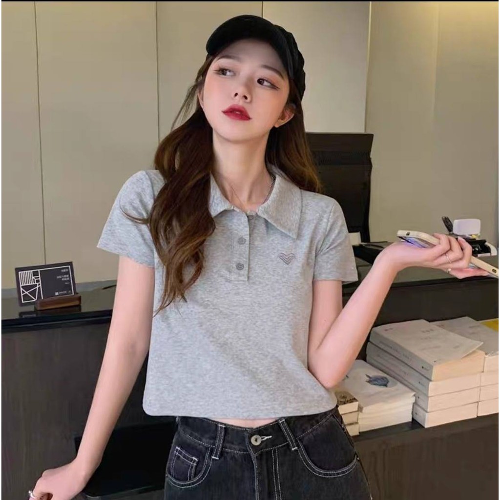 CROP POLO BASIC THÊU TIM