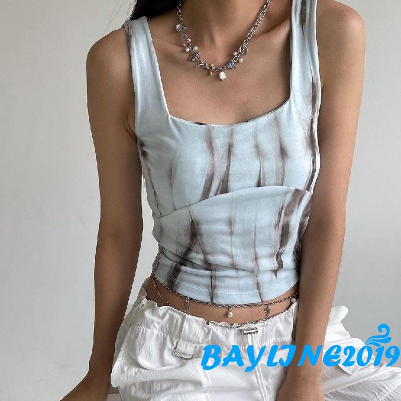 Áo Tank Top Sát Nách Cổ Vuông In Họa Tiết Mực In Phong Cách Đường Phố Thời Trang Mùa Hè Cho Nữ