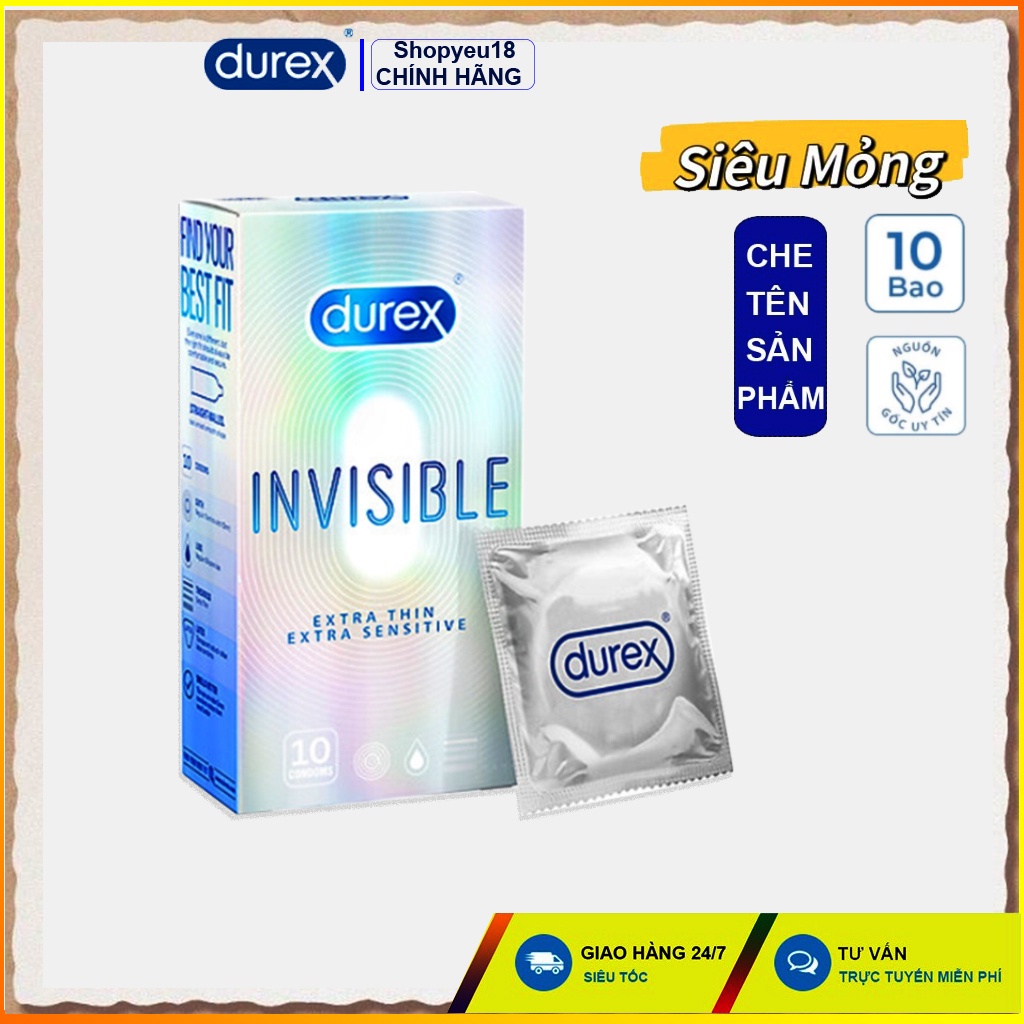 Bao cao su Durex Invisible 10 bao ⚡Siêu Mỏng 0.01mm⚡ nhiều gel, an toàn khi mang, chắc chắn không rách.