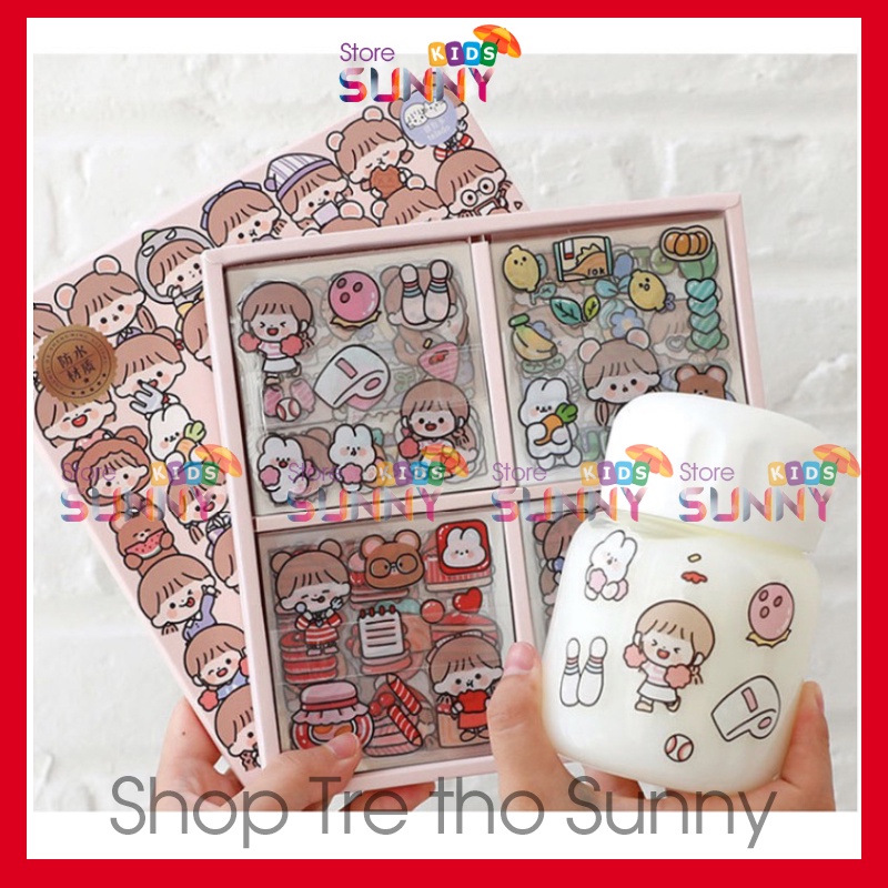 Hộp 1000 sticker cute dễ thương dán trang trí sổ điện thoại cốc laptop 1k hình dán trên 100 tấm ô vuông