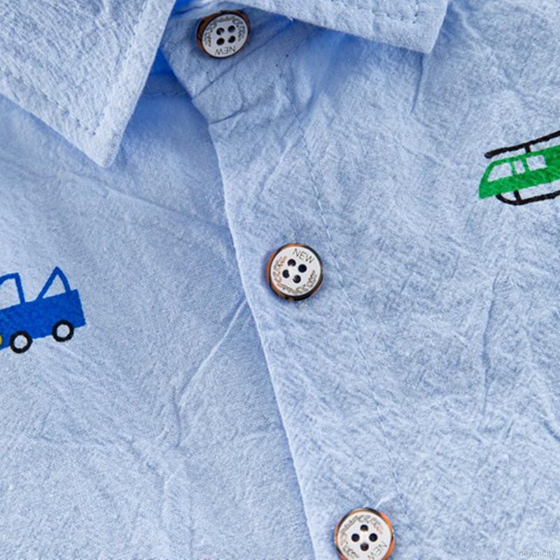 Bộ áo sơ mi cotton ngắn tay in hình ô tô hoạt hình và quần short cho bé trai
