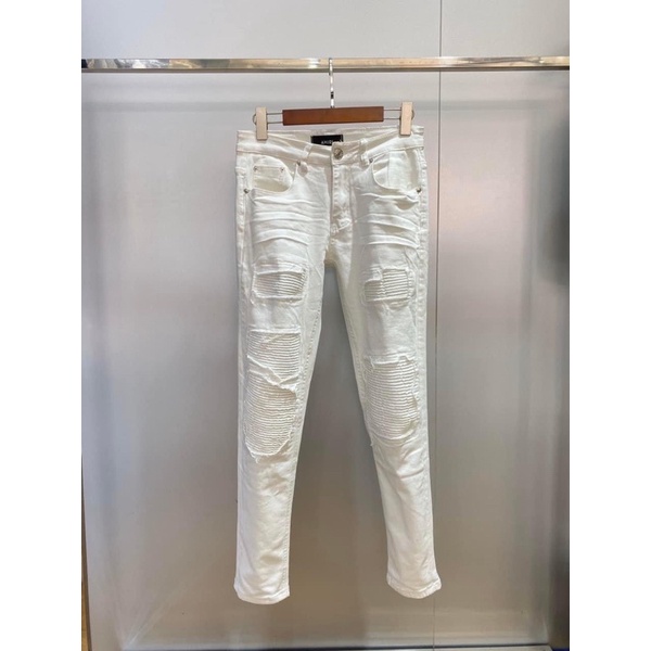 Quần jean trắng vá nhăn gối khâu viền,quần bò màu trắng vá nhăn gối AMIRI dáng slimfit