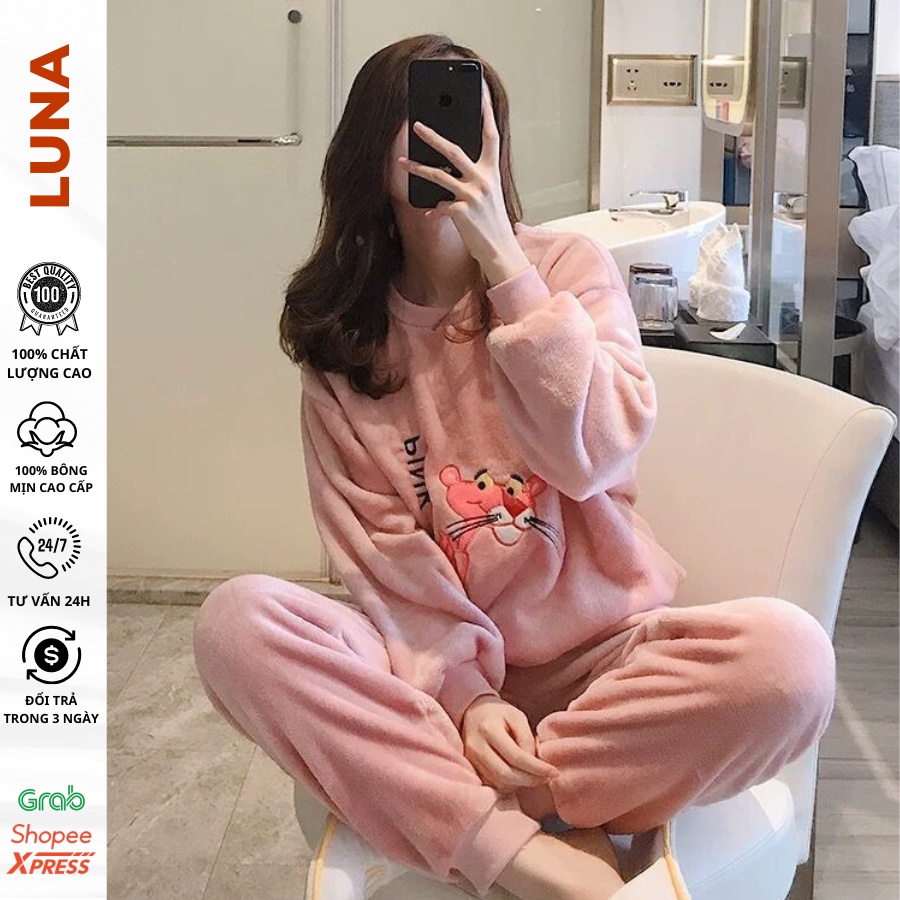 Bộ ngủ bông LUNA đồ ngủ nữ dài tay thu đông, thêu hoạ tiết gấu, heo, báo hồng, chất lông nhung mềm mịn 2 mặt, pijama đôi