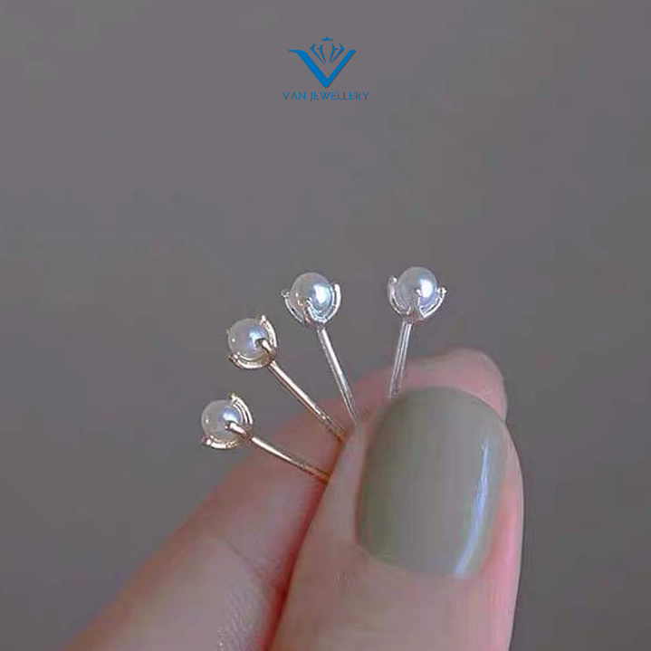 Khuyên tai bạc Khuyên nụ hạt ngọc trắng 3li chân chấu cao Van Jewelry V10752