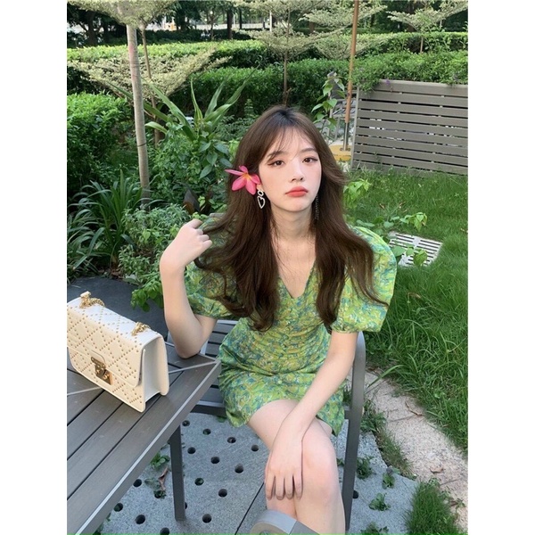 ĐẦM HOA NÚT CỔ TAY PHỒNG