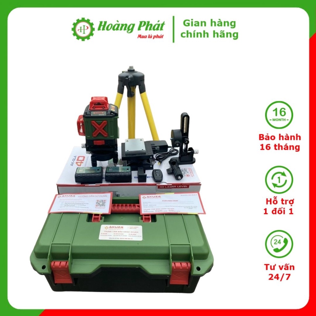 Máy cân bằng laser Akuza 4D, 16 tia - Sản phẩm máy cân mực, máy bắn cốt, đánh thăng bằng laser 16 tia xanh