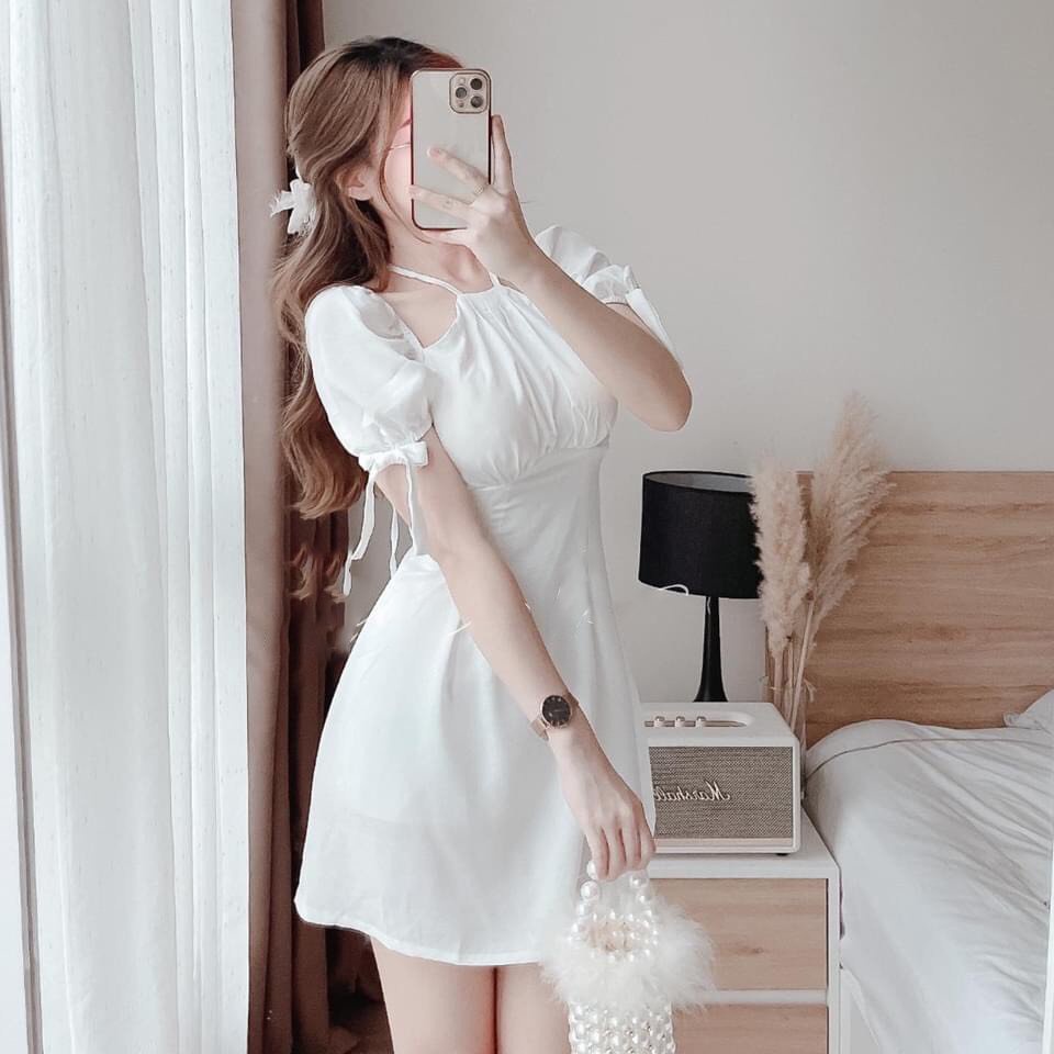 Đầm dạo phố dáng xòe cổ yếm tay bồng nhẹ phối nơ xinh xắn - XiXi Dress | BigBuy360 - bigbuy360.vn
