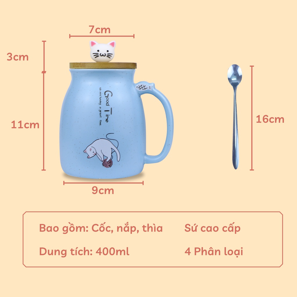 Ly Cốc Sứ In Hình Mèo Siêu Cute Good Time 400ml Chất Lượng Cao