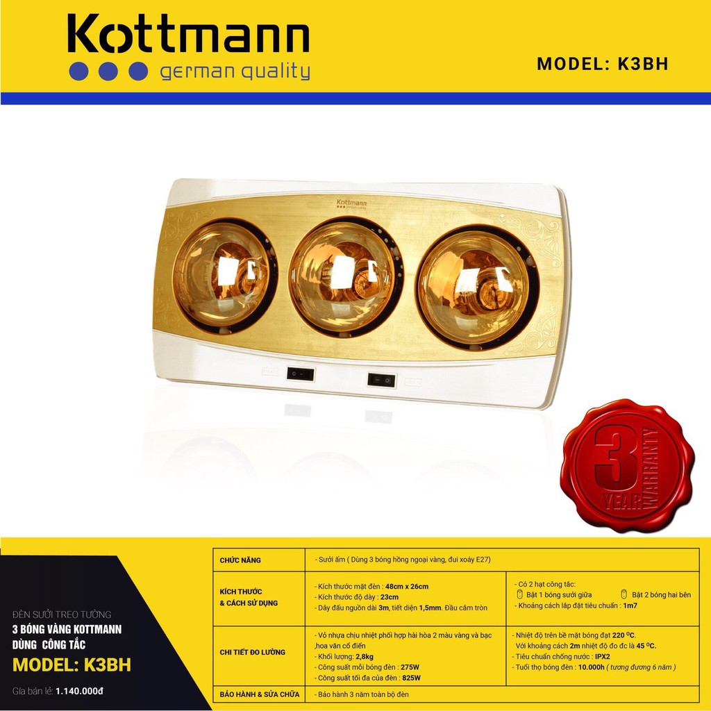 Đèn sưởi Kottmann K3BH chính hãng (có bảng đặc điểm nhận biết hàng chính hãng)- bảo hành 3 năm chính hãng.