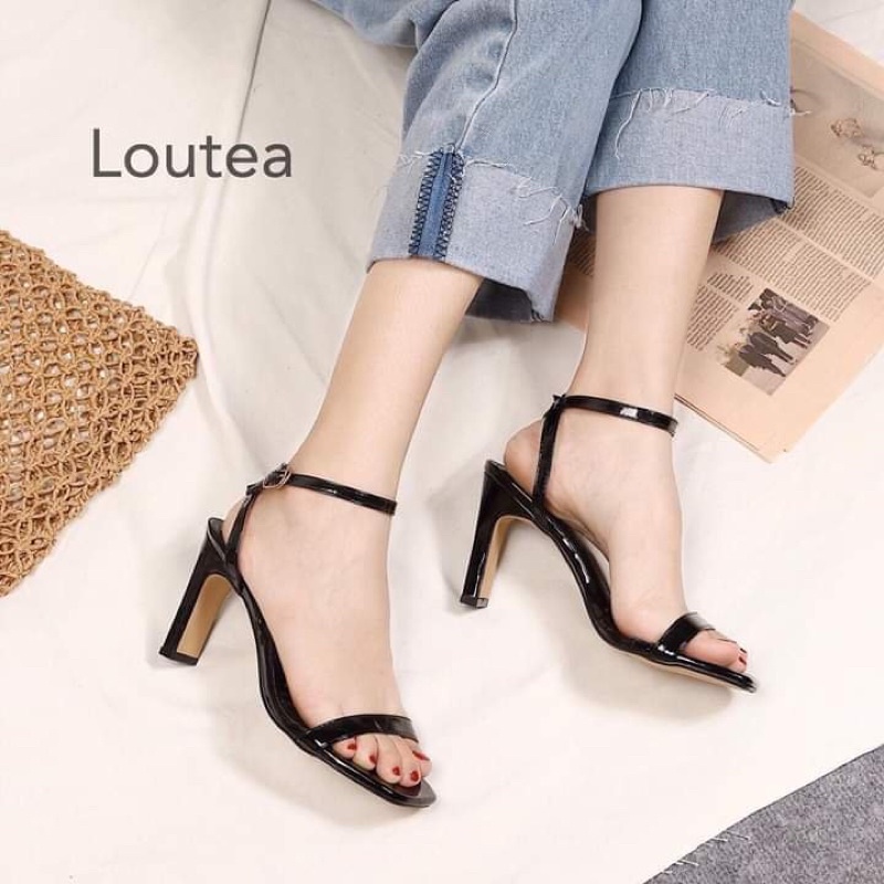 Sandal cao gót da bóng quai mảnh dây cài cổ chân gót dẹt 9p sang chảnh kiểu công sở