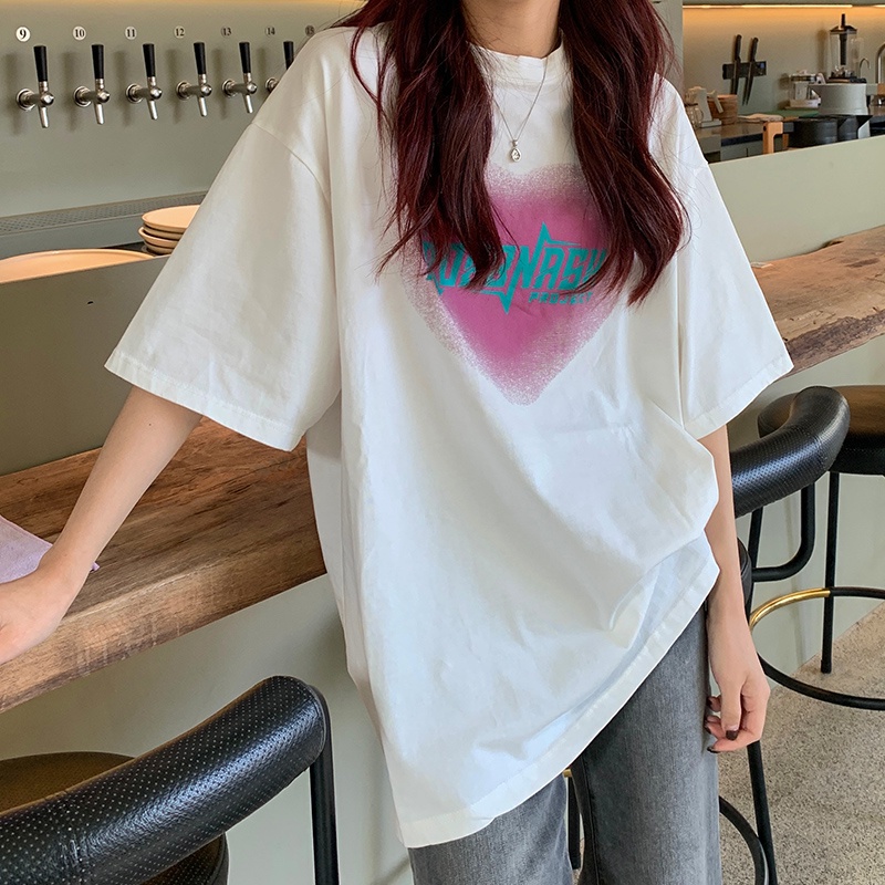 Áo thun SUXI tay ngắn cổ tròn dáng rộng in chữ thời trang mùa hè cho nữ