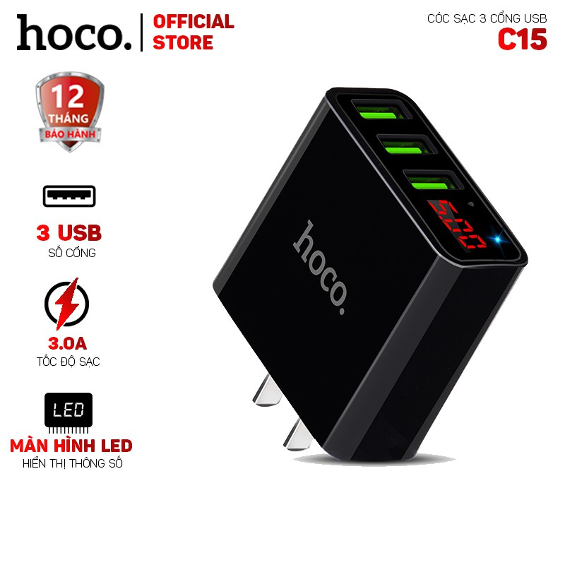 Cóc sạc nhanh Hoco C15 3 cổng USB có màn hình led-Dành cho mọi thiết bị