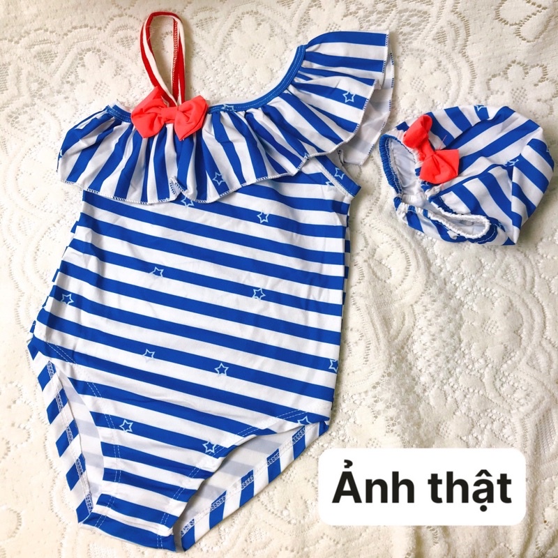 [ CÓ QUÀ TẶNG CHO BÉ ] BIKINI BÉ GÁI ĐỒ BƠI CHO BÉ GÁI bộ liền thân kèm mũ kẻ xanh hàng cao cấp size từ 8 - 18kg