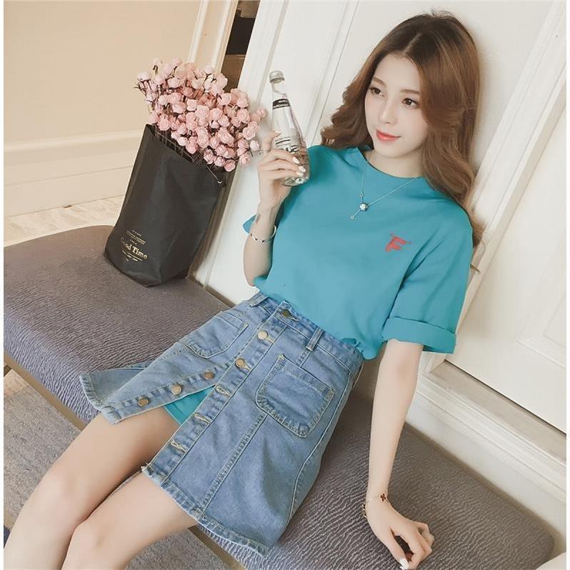 Mùa xuân và hè bảng chữ cái Hàn Quốc áo thun ngắn tay cổ tròn + váy denim cạp cao cho nữ cô gái nhỏ Bộ đồ hai