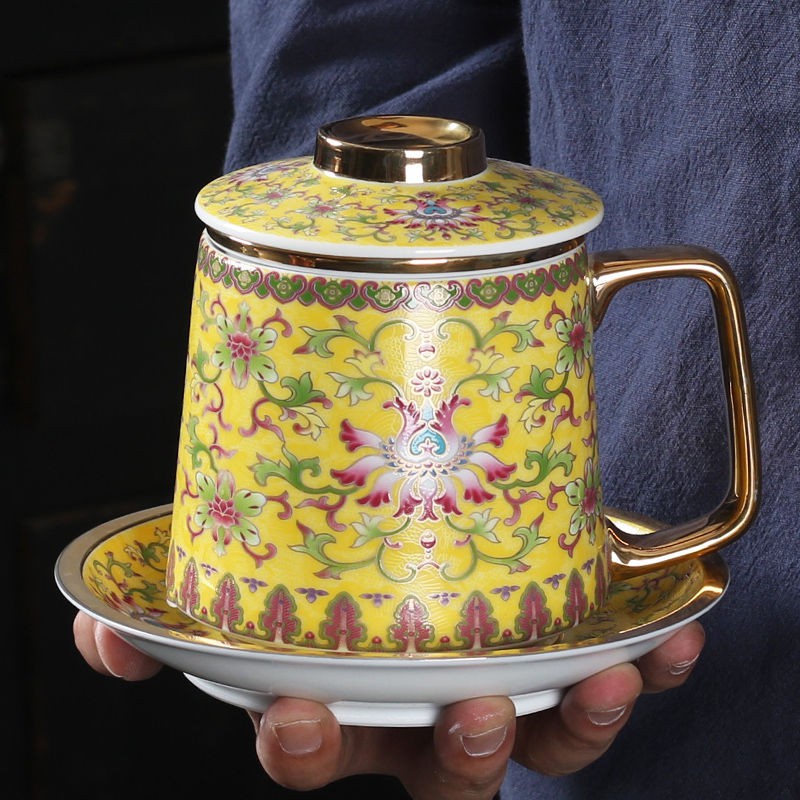 Chén văn phòng tráng men vàng Lụa Cốc sứ lớn có nắp Lọc tách trà nước gia đình