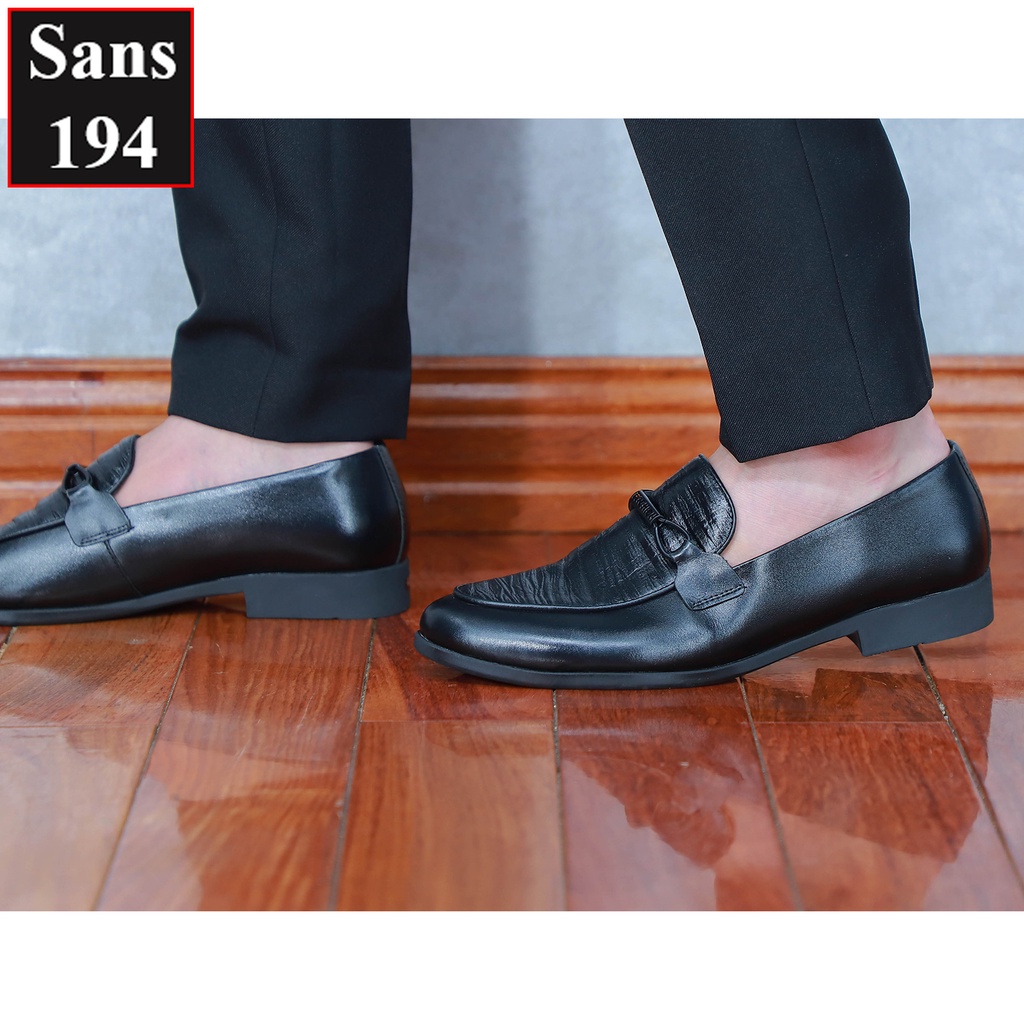 Giày lười nam da bò thật Sans194 moca penny loafer đen đẹp cao cấp giầy mọi công sở hàn quốc đế cao su dầy dập vân