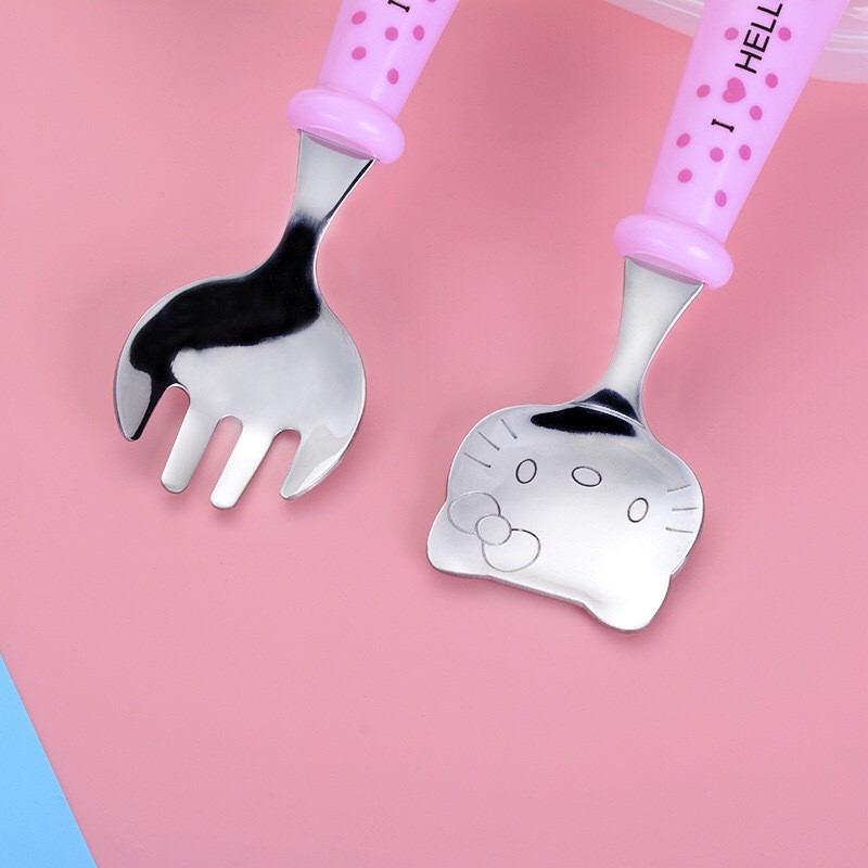 ♥♥Bộ Muỗng Nĩa Bằng Thép Không Gỉ Hình hello kitty Thân Thiện Với Môi Trường Kèm Hộp Đựng Cho Bé