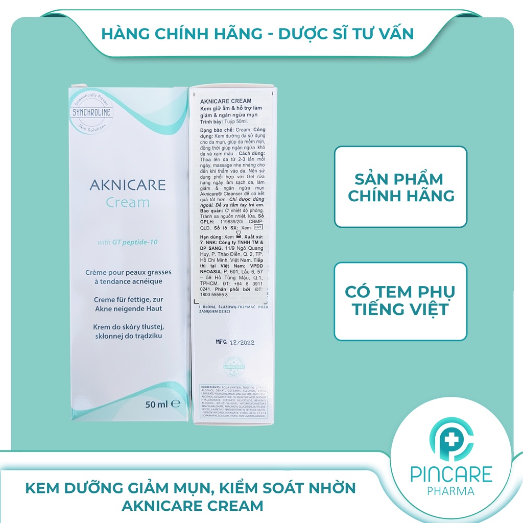 Kem dưỡng giảm mụn, kiểm soát nhờn Aknicare Cream 50ml - Hàng chính hãng - Nhà thuốc PinCare