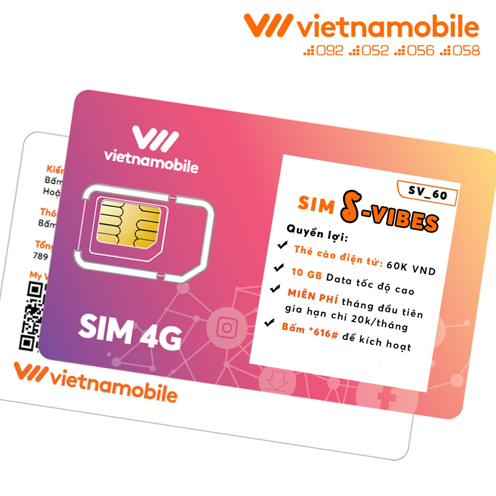 Sim S-Vibes SV60 Miễn phí Gọi nội mạng Thẻ cào điện tử 60K 10GB Data 4G Vietnamobile - mua 1 tặng 1 sim gift