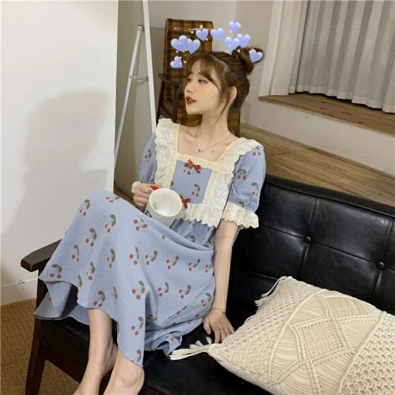 Váy ngủ, bộ đồ ngủ nữ kiểu Hàn Quốc cộc tay/dài tay freesize hai màu hồng, xanh ren hoa văn cherry | BigBuy360 - bigbuy360.vn