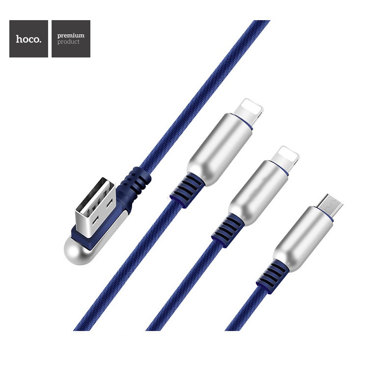 Cáp sạc Nhanh HOCO U17 2Lightning+1 Micro truyền dữ liệu và sạc nhanh 3.0A, đầu USB chữ L chống gãy gập, dài 1.5m