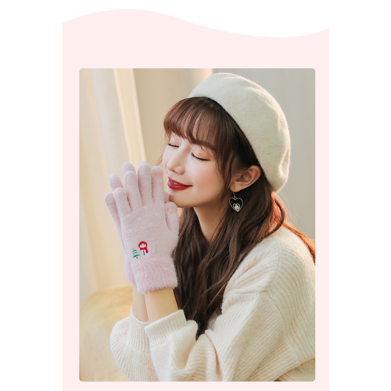 Găng tay len mềm mại co giãn chống nắng và giữ ấm màn hình cảm ứng nữ hình người tuyết dễ thương